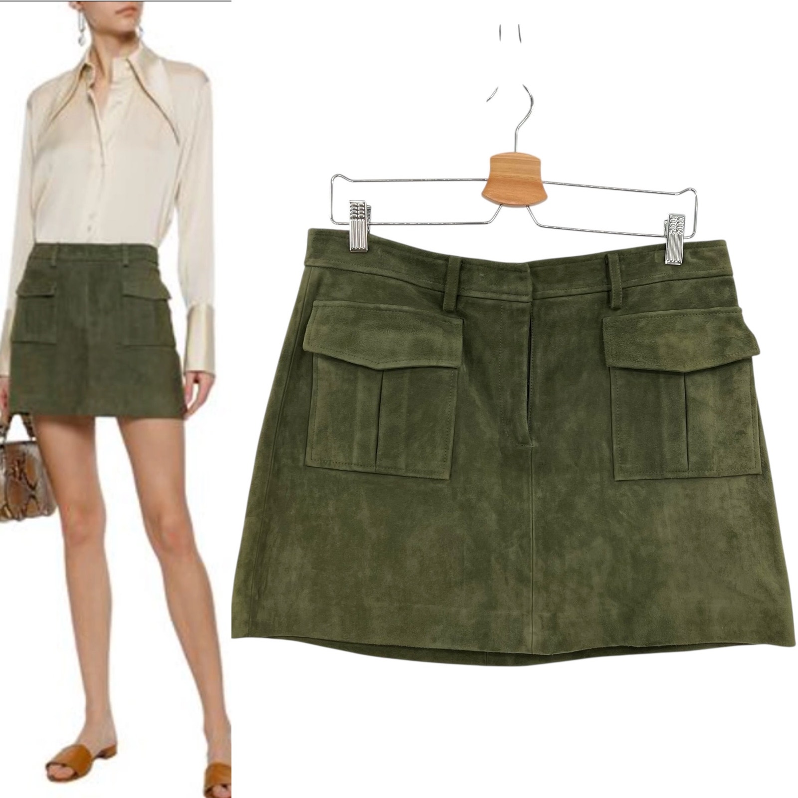 Theory Lupah Suede Mini Skirt Goat Leather Army Green Size 8
